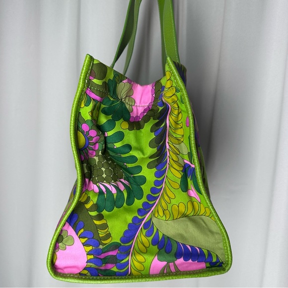 Rare Kate Spade Icon Green Floral Print Zip-Top Tote Bag Canvas Leather Handles - Picture 4 of 15